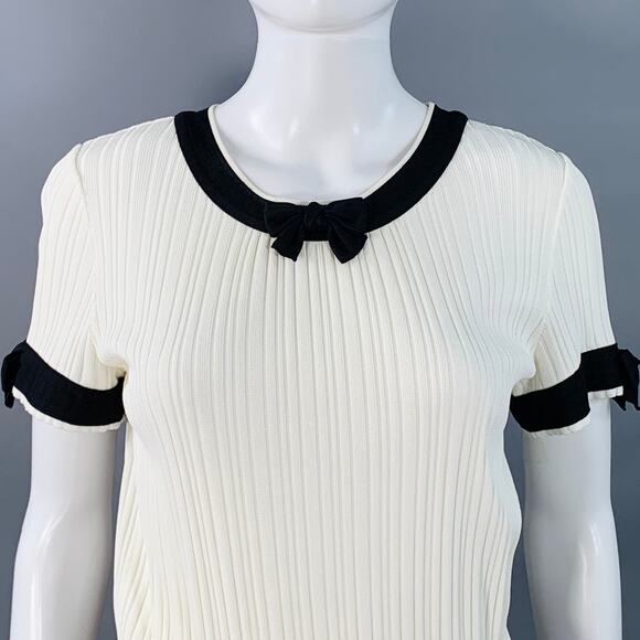 Cream Black Viscose Blend Ribbed Contrast Trim Drop Waist Bow Cocktail Dress - Picture 2 of 7